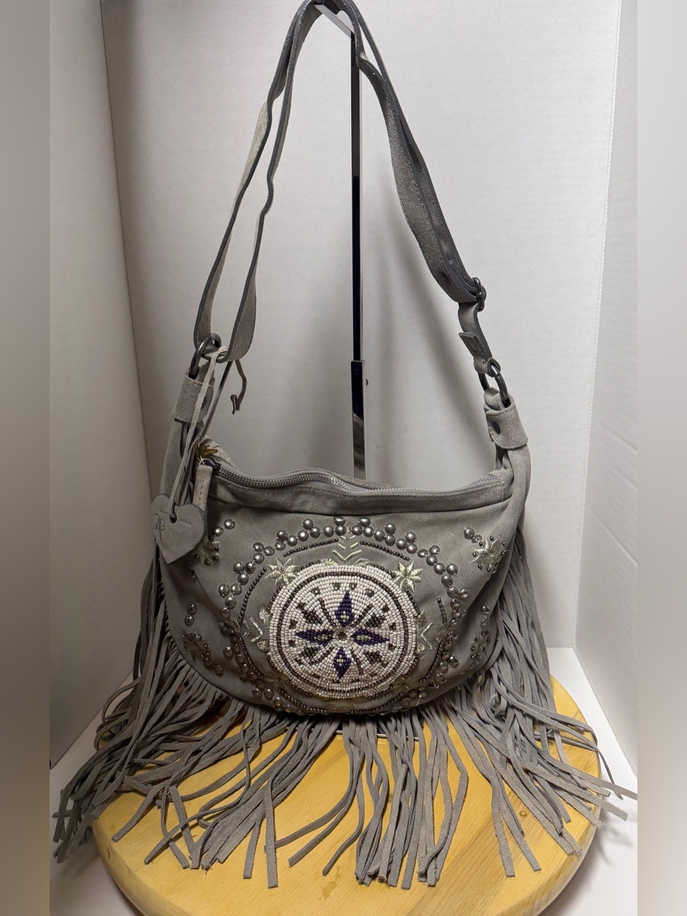 Aimee Kestenberg Love Letter Gray Suede Bohemian Beaded Studded Fringe Bag